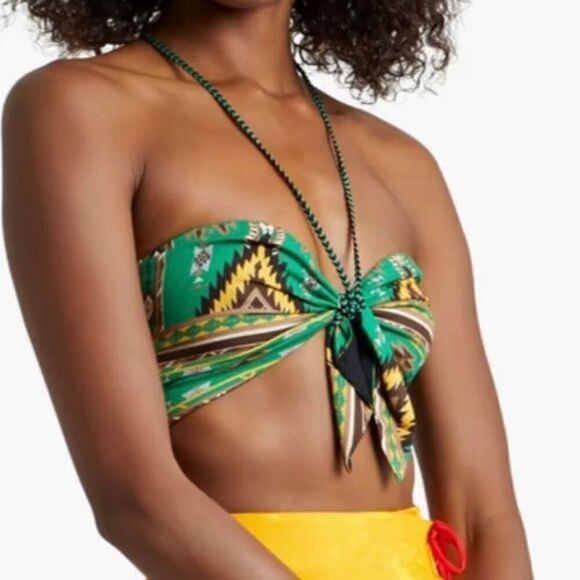 Alice + Olivia Livia Knotted Printed Crepe Halterneck Bra Top Green Size 0 - Picture 1 of 10